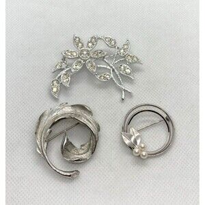 Vintage Lot of 3 Signed‎ Monet Krementz Emmons Silver Tone Pin Brooch Rhinestone
